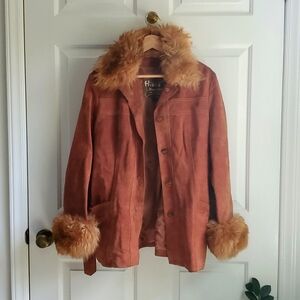 Vintage Geniune CowHide Suede Coat With Fur Cuffs and Collar Hides by Alexander